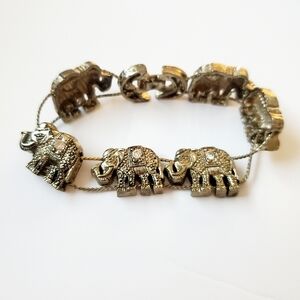 VTG Lucky Elephant Slider Charm Bracelet Rustic Silver Tone Rhinestone Accents